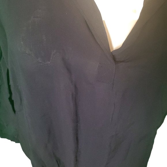 Olive & Oak Navy Blue Blouse Tunic Collar V-neck Tie Front Roll Tab Sleeve sz L - Picture 2 of 8